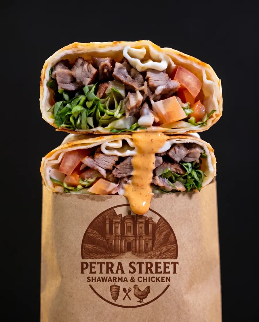 Petra Street shawarma wrap, cut in half, in a branded kraft sleeve, turning