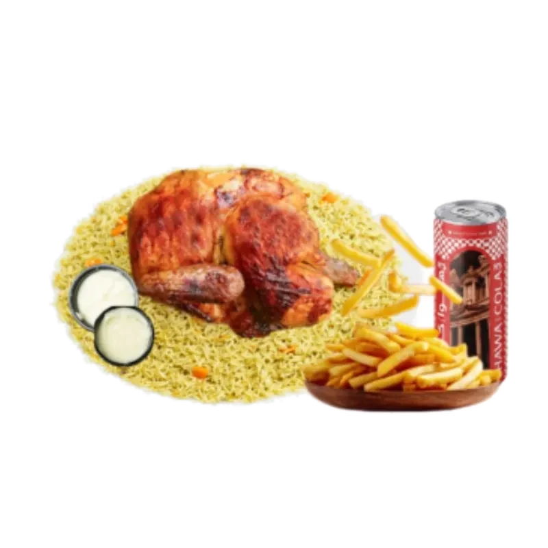 Half a rotisserie chicken over rice with fries and garlic sauce